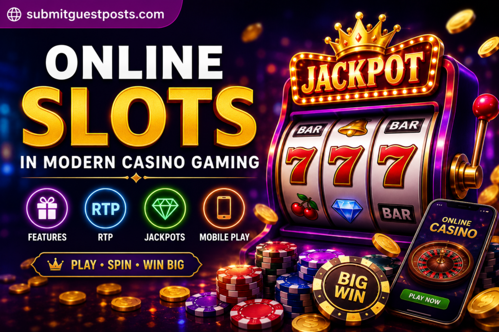 The Growing Success of Online Slots in Modern Casino Gaming Online Slots in Modern Casino Gaming featured image with jackpot slot machine, casino chips, gold coins, RTP icons, and SubmitGuestPosts.com branding